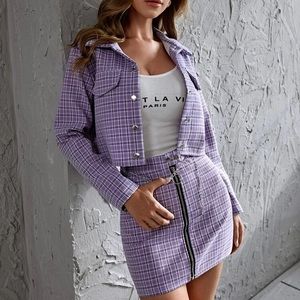 Lilac Plaid Jacket & Zipper Skirt Set